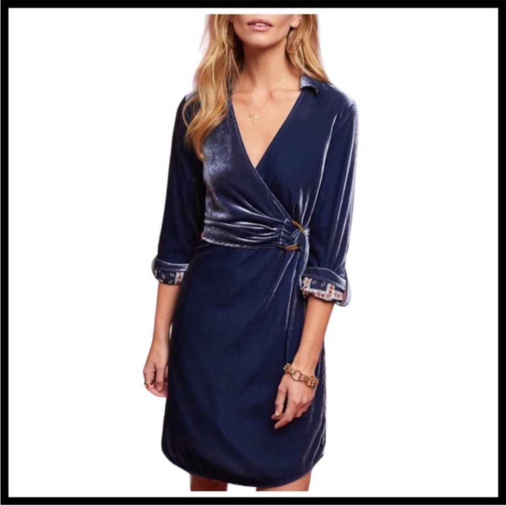 MAEVE‎ ANTHROPOLOGIE Size 0 Velvet Shirt Dress Roll Sleeve Blue Wrap Top